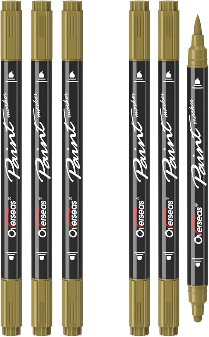 Overseas Gold Acrylic Paint Markers, 6 Pack Dual Tip Paint Pens Acrylic Markers - Dot and Brush Tip Gold Pens for Wood, Rock, Canvas, Glass, Metal, Plastic, Rubber, Fabric, School Supplies