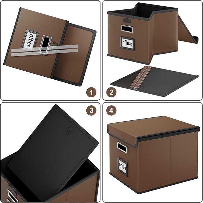 Huolewa File Organizer Boxes with Lids, Collapsible Faux Leather Hanging File Folder Box Organizer with Plastic Slide, Decorative Home/Office Filing System Boxes for File and Folders Storage