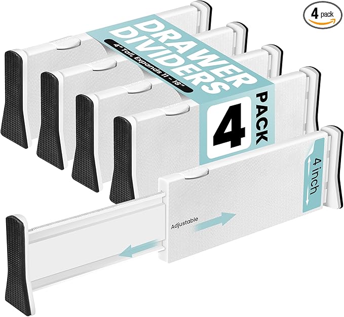 RAPTUROUS Adjustable Drawer Dividers 4 Pack, 4” High, 11-17” Long, Dresser Drawer Divider for Bedroom, Closet, Kitchen, Nursery Organization, Office, Strong & Sturdy Hold, Soft Foam Edges(White)