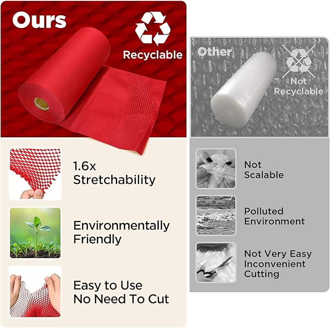 Honeycomb Packing Paper, 12"x300' Red | Perforated Honeycomb Packing Paper Recyclable Moving Supplies for Shipping & Moving | Plastic-Free Alternative to Bubble Cushion Wrap with 36 Fragile Stickers