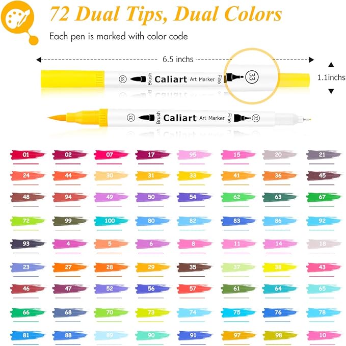 Caliart 72 Colors Dual Tip Fine & Brush Pens Art Markers, Aesthetic Cute Preppy Stuff School Supplies, Coloring Markers for Kids Artist Adult Book Cards Drawing Craft Kit Mothers Day Gift for Mom