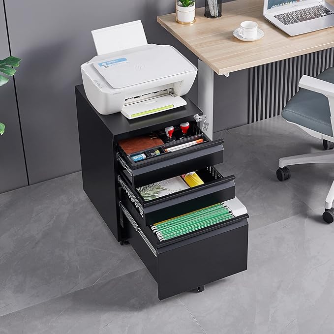 3-Drawer Lockable Mobile File Cabinet – Metal A4/Letter/Legal Size Storage for Home/Office, Pre-Assembled, Space-Saving Under-Desk Cabinet with Wheels (Black)