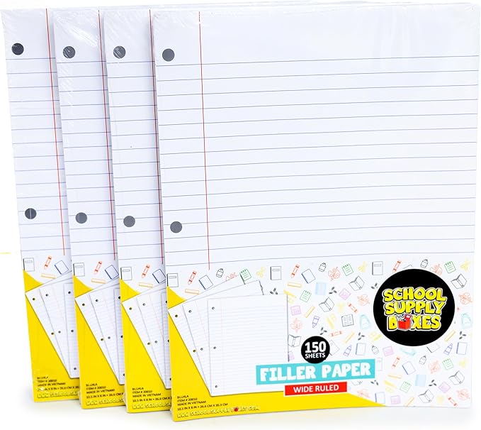 School Supply Boxes | Wide-Ruled Loose Leaf Paper | 24 Pack | 150 Sheets Per Pack, 3-Ring Binder Compatible