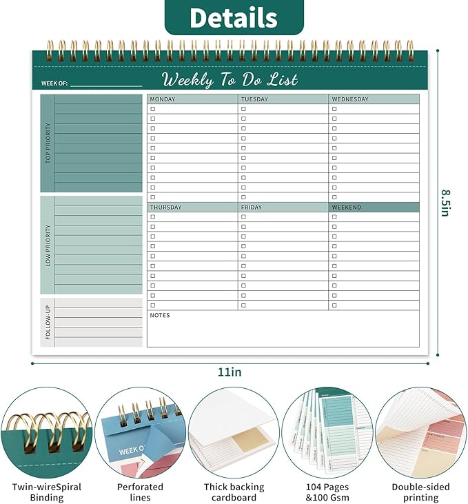Weekly To Do List Notepad, 52 Undated Sheets (8.5"×11") Duplex-printed Weekly Planner Notepad For Work Home School Office Desk Accessories Supplies & Goal Setting Tasks - Green
