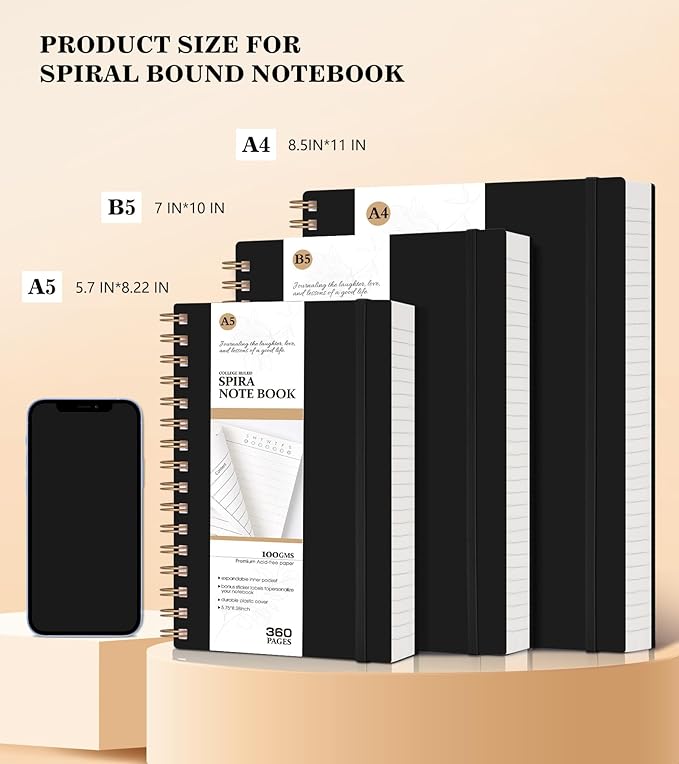 Spiral Notebook Journal, 360 Pages College Ruled Notebooks, Lined Thick Journals for Women Men, A5 Thick Spiral Writing Journaling with 100GSM Paper, Spiral Notebooks for Work School 5.5"x8.5" Black
