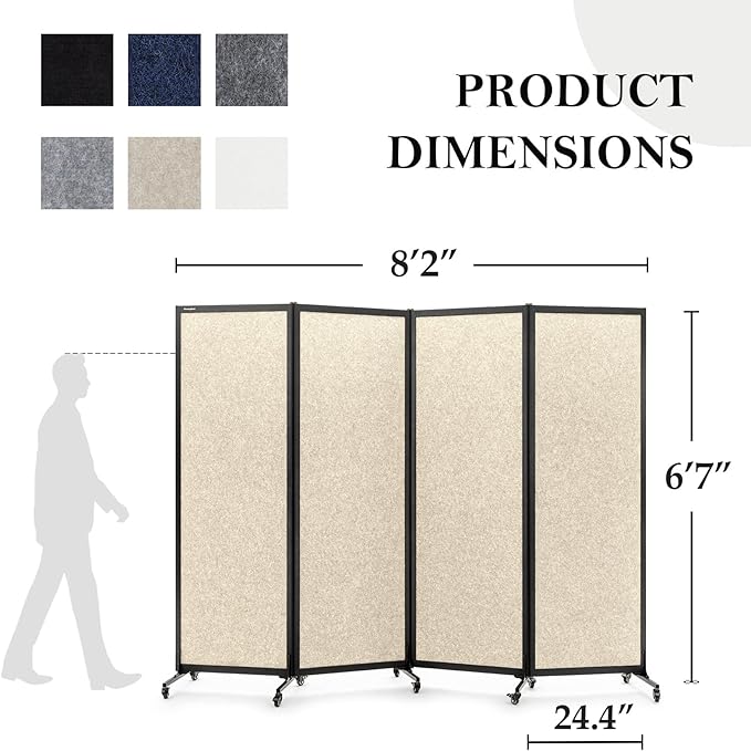 Upgrade Version Room Partition and Divider, Freestanding Rolling Dividers with Wheels,Office Privacy Screen Divider Wall,Classroom Felt Dividers,8'2"L* 6'7"H,4 Panel,Beige