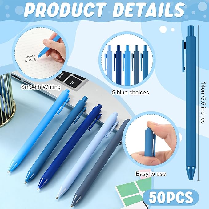 50 Pcs Ballpoint Pens Bulk Retractable Writing 1. 0 mm Black Ink Cute Pens Smooth Writing Color Fancy Gift for Teacher Student Employee Office School Home Baby Shower Supplies (Blue Series)