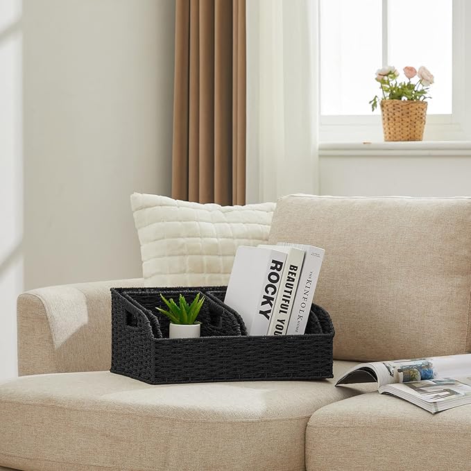 Wicker Baskets for Organizing,Pantry, Kitchen Counter with Handles, Handwoven Woven Storage Baskets for Fruit, Bread, Vegetable, Paper Storage Bins for Shelves, 3 Pack, Black