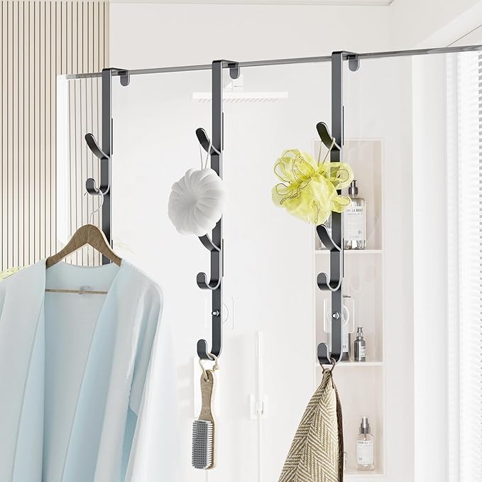 Over The Door Hooks, Metal Door Hooks for Hanging, Over The Door Purse Organizer for Coat Hanger, Back of Shower Door for Hanging Towel Rack Clothes, Hat, Bathroom, Closet (Black-3Packs)