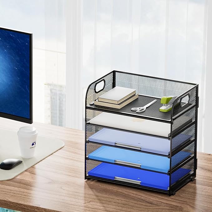 Marbrasse Desk Organizer - 5 Tier Paper Letter Tray, Mesh File Organizer with Handle for Office, School and Home