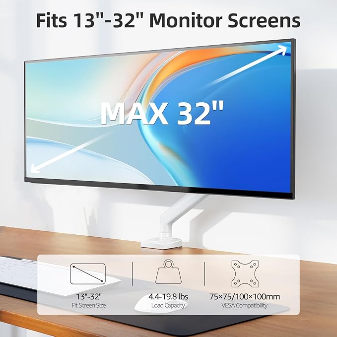 Monitor Arm for 13-32 inch Screens, Monitor Desk Mount, Adjustable Height, VESA Mount with Clamp & Grommet Bases, Freelift White