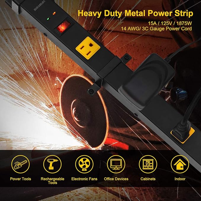 SURAIELEC 10 Outlet Long Power Strip Surge Protector, Industrial Heavy Duty Metal Shop Power Strip Flat Plug, 1000 Joules, 15 A Breaker, 6FT Cord, Wall Mountable, for Work Bench, Shop, Garage, 2 Pack
