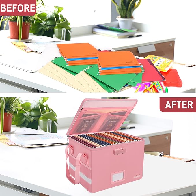 ENGPOW File Box with Lock, Fireproof Document Box with Zipper&Pockets, Collapsible File Organizer Filing Storage Cabinet with Handle, Portable Home Office Safe for Hanging Letter/Legal Folder, Pink