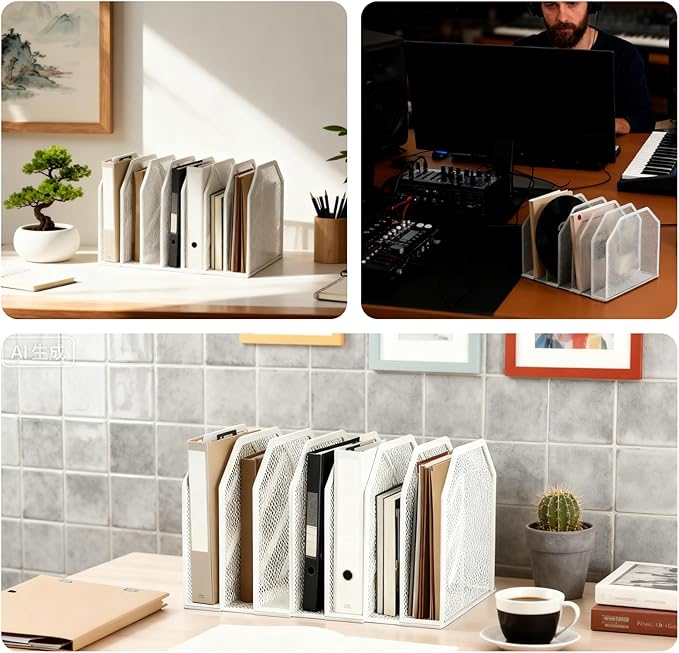 7-Grid Detachable Vertical File Organizer, Metal Mesh File Holder for Desk, Desktop Document Sorter for Home Office School, White Office Supplies for Paper Magazine Organization