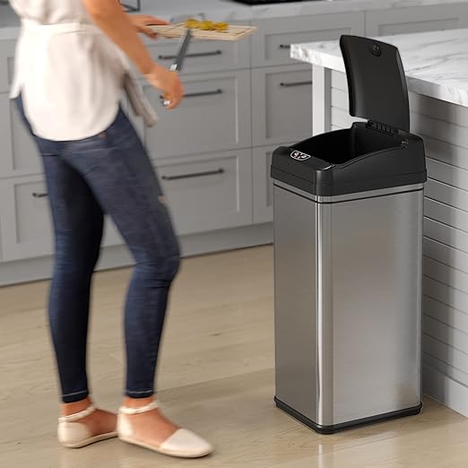 iTouchless 13 Gallon Sensor Trash Can 2.0 – Touchless Lid, Dog-Proof Lock, Odor Filter, Stainless Steel, Battery or Plug-in, for Kitchen, Home, or Office
