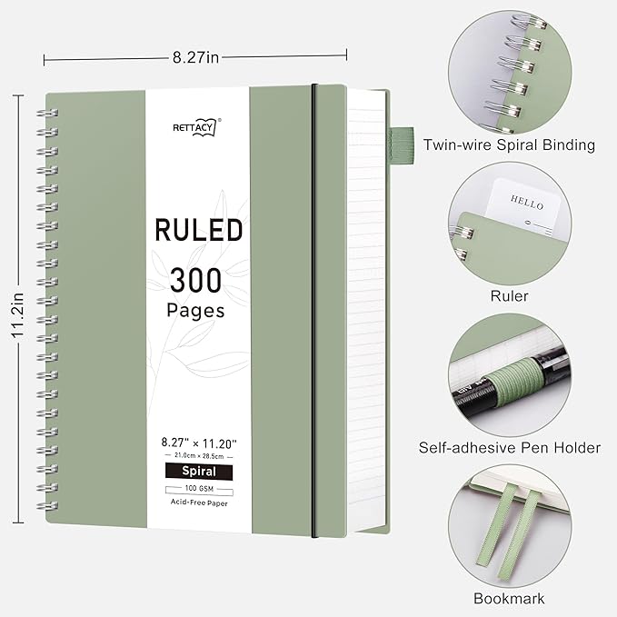 RETTACY Spiral College Ruled Notebook, 300 Pages, A4 Large Size (8.2" x 11.2"), for School, Work, Writing, Journaling, 100 GSM Thick Paper, Flexible Plastic Cover (Light Green)
