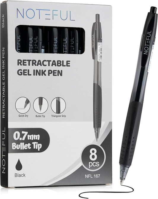 Retractable Tri Grip Gel Pen For Journaling, Smooth Writing, Black Gel Ink Medium Point Pens (0.7 mm), Pack of 8