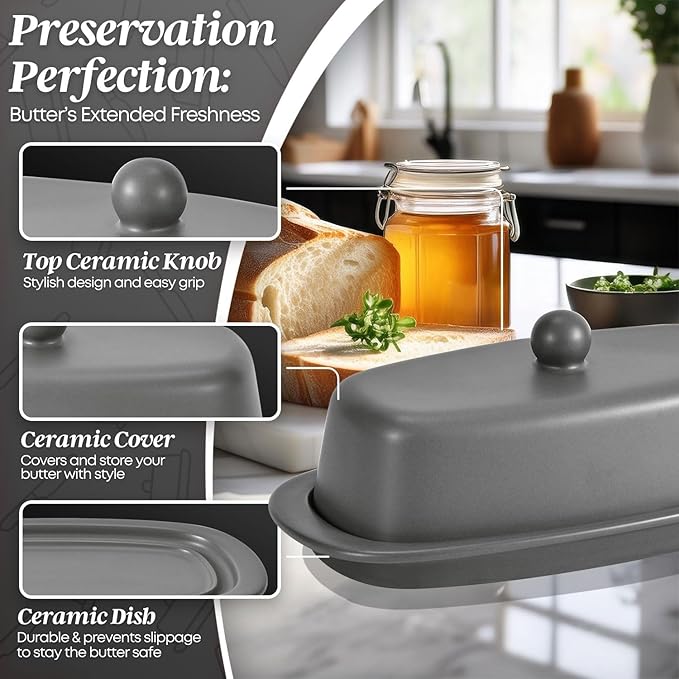 Flexzion Ceramic Gray European Butter Dish with Lid for Countertop (7 Inch) - 1 Stick Butter Holder for Counter, Cream Cheese Container Storage Keeper