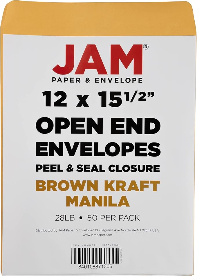 JAM PAPER 12 x 15 1/2 Open End Catalog Recycled Envelopes with Peel and Seal Closure - Brown Kraft - 100/Pack