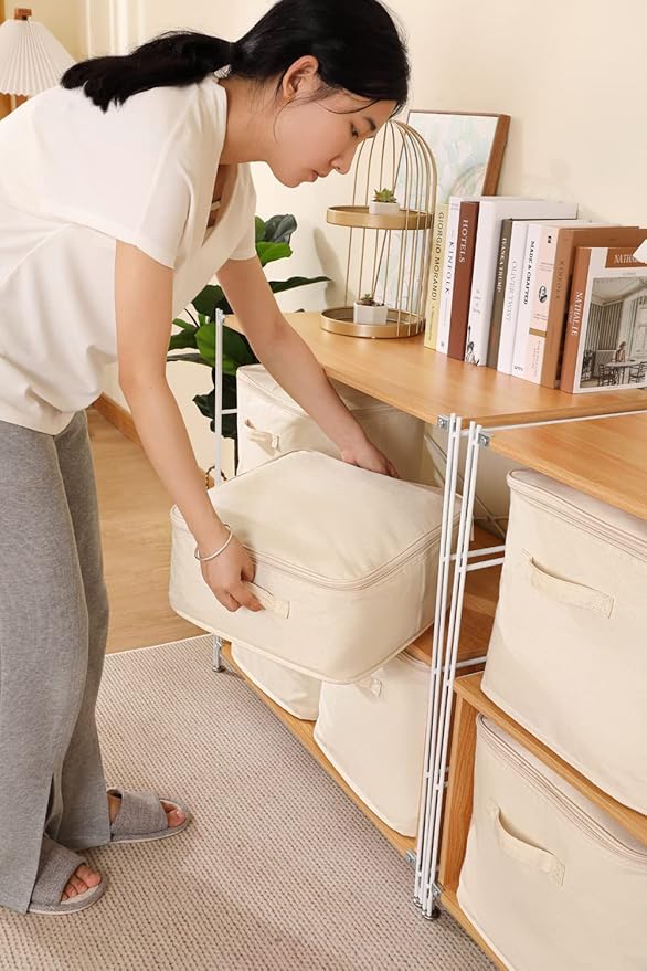 Decorative Basket Rectangular Fabric Storage Bin Organizer Basket with Handles for Clothes Storage (13.7 x 13.7 x 6.29, Beige)