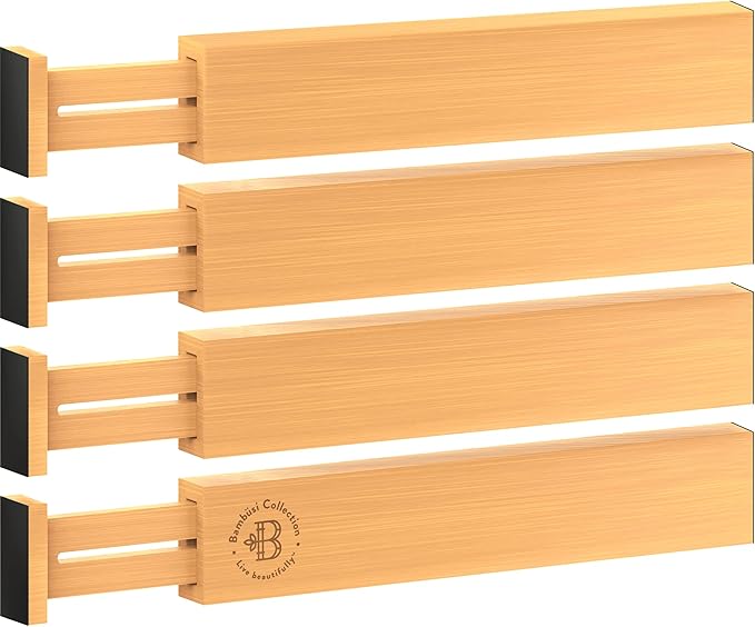 4 Pack Drawer Dividers Bamboo 2.6" High, 16-22" Adjustable Drawer Organizers for Clothes, Expandable Dresser Separators in Bedroom/Bathroom/Kitchen/Office Organization and Storage (Natural)