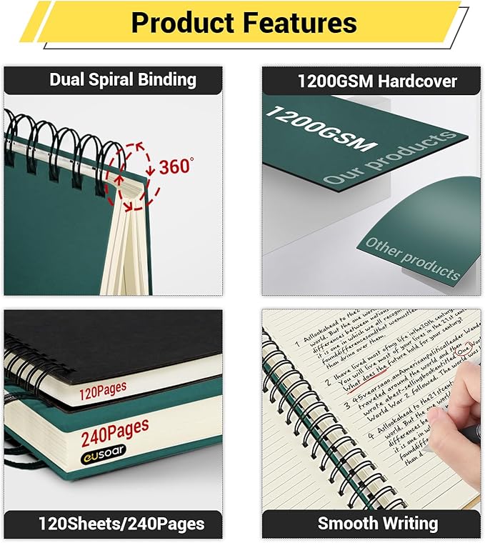 EUSOAR Notebook Spiral, 1 Pack A5 5.5"x8.3" Hardcover College Ruled Lined Journal, 240 Pages(120 Sheets) Writing Pads Professional Notebook for DIY Note Taking School Business Work Office Diary