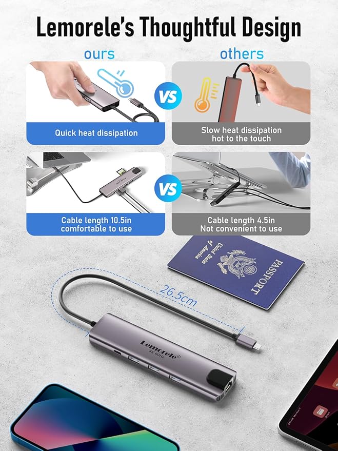 Lemorele USB C Hub Multiport Adapter 10-in-1 for MacBook Pro with HDMI 4K 60Hz, Gigabit Ethernet, 100W Power Delivery, 2 USB 3.0 Ports, SD/TF Card Reader, for HP/Dell/Lenovo Laptops