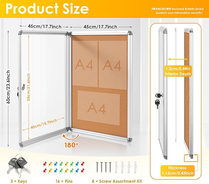 S SWANCROWN Enclosed Bulletin Board 24x18 in, Tamperproof Lockable Cork Board Wall Display Case for Office School Home, Aluminum Frame