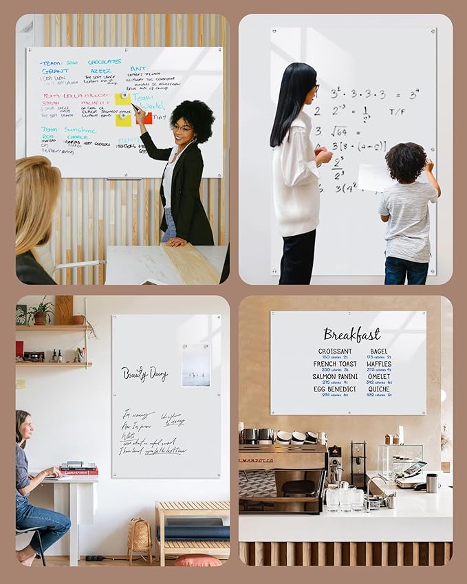 Magnetic Glass Whiteboard,72"x48" Wall Mounted Frameless Dry Erase Board for Office, Home & School Ultra White