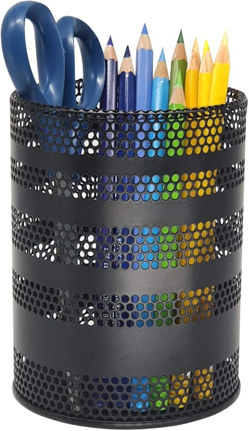 Metal Mesh Pen Pencil Cup Holder Stand Office Desk Organizer Stationery Caddy Makeup Brush Holder, Black (Large)