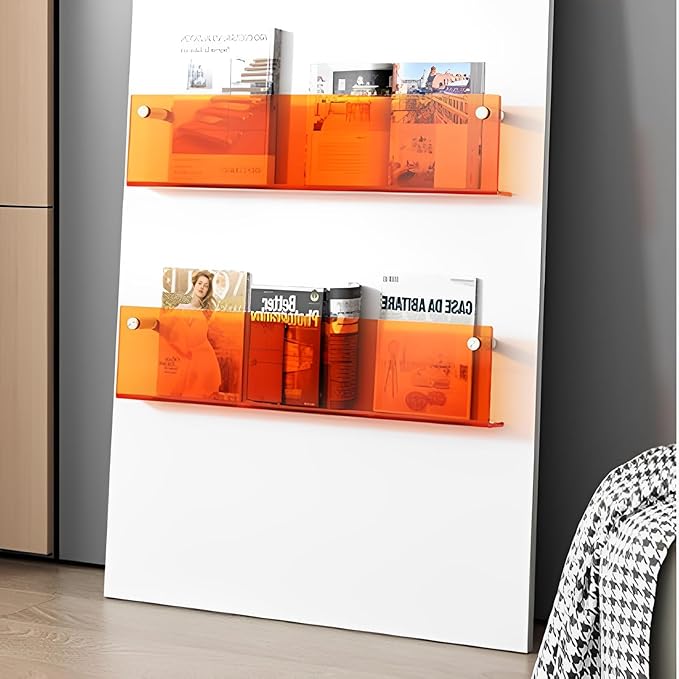 ROYALITA 2-Pack Acrylic Magazine Holder Brochure Holder, 17" Record Holder Magazine Rack, Fashion Hanging Bookshelf Literature Storage Rack for Waiting Room, Living Room, Office, Orange 17 Inch