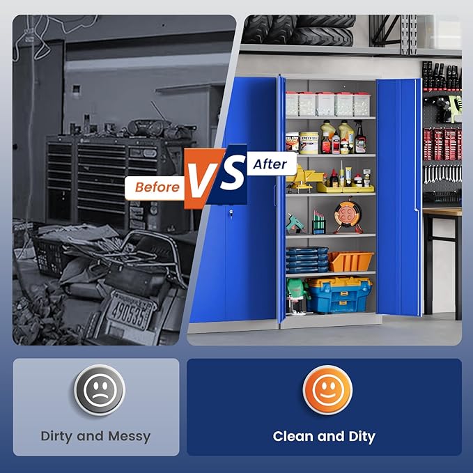 Yizosh Metal Garage Storage Cabinet with 2 Doors and 5 Adjustable Shelves - 71" Steel Lockable File Cabinet,Locking Tool Cabinets for Office,Home,Garage,Gym,School (Gray Blue)