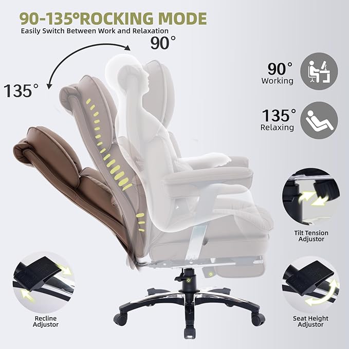 Efomao Big and Tall Office Chair with Footrest – High Back Computer Chair with Adjustable Armrests,Executive Office Chair with Wide Seat, Modern Desk Chair for Home Office, Gaming, or Study, Brown