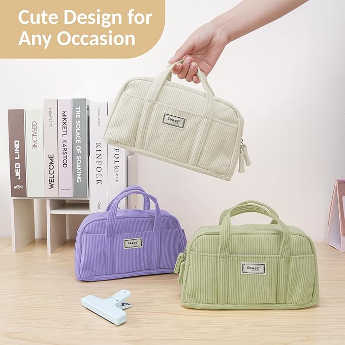 Sooez Large Pencil Case Pouch, Extra Big Pencil Bag with 5 Compartments, Pen Bag Wide Opening, Soft Corduroy Pencil Pouch Organizer with Zipper, Cute Aesthetic School Supplies for Teen Girls-Sky Blue