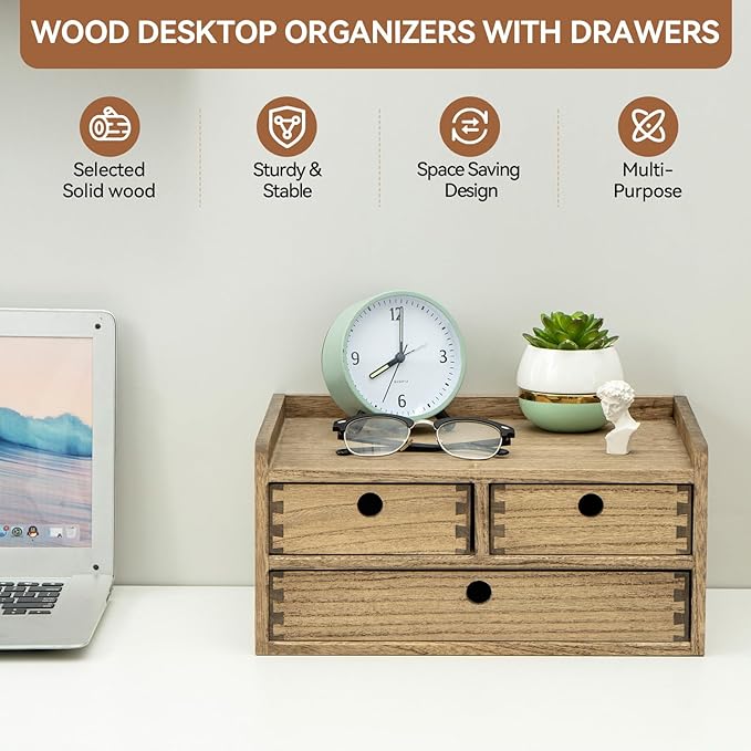 KIRIGEN Desk Organizer with Drawers - Wood Drawer Storage Box with Trays for Tabletop - Workspace Office Toiletries Supplies Tool Caddy - Wooden Storage Cabinet Dark Brown(DT2D3C-DBR)