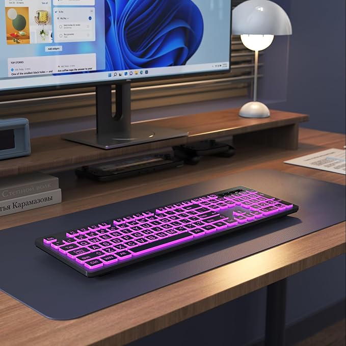 Large Print Backlit Wireless Keyboard, 2.4G Silent Wireless Light Up Keyboard, Full Size Computer Keyboards with 7 Colored Backlits, Rechargeable Keyboards for Windows, PC, Laptop