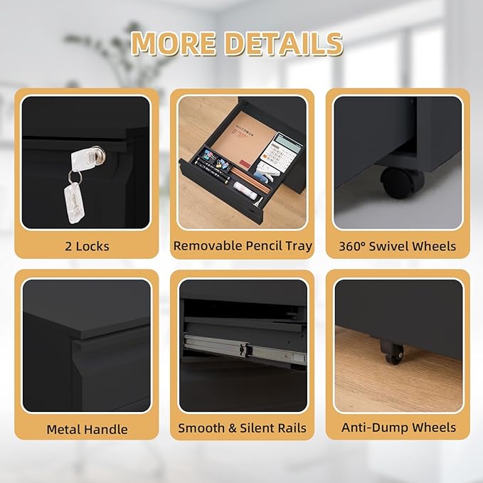 Garvee Mobile Filing Cabinet 3 Drawer,Under Desk File Cabinet with Lock & Anti-Tip Wheel, Metal Rolling Filing Cabinets for Home Office Organizer,a4/Letter/Legal Hanging File Folders