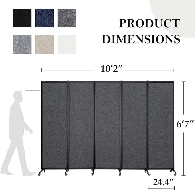 Upgrade Version Room Partition and Divider, Freestanding Rolling Dividers with Wheels,Office Privacy Screen Divider Wall,Classroom Felt Dividers,10'6"L* 6'7"H,5 Panel,Dark Grey