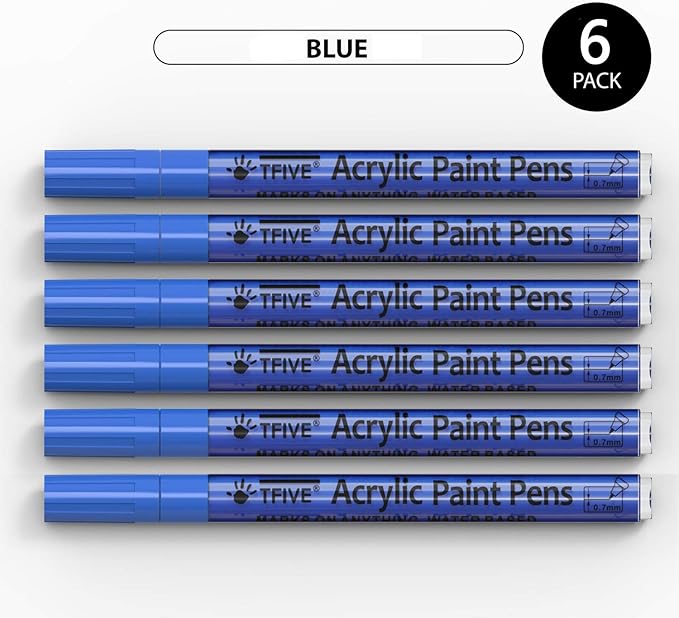 Blue Marker Paint Pens - 6 Pack Acrylic Blue Permanent Marker, 0.7mm Extra Fine Tip Paint Pen for Art projects, Drawing, Rock Painting, Stone, Ceramic, Glass, Wood, Plastic, Metal, Canvas DIY Crafts