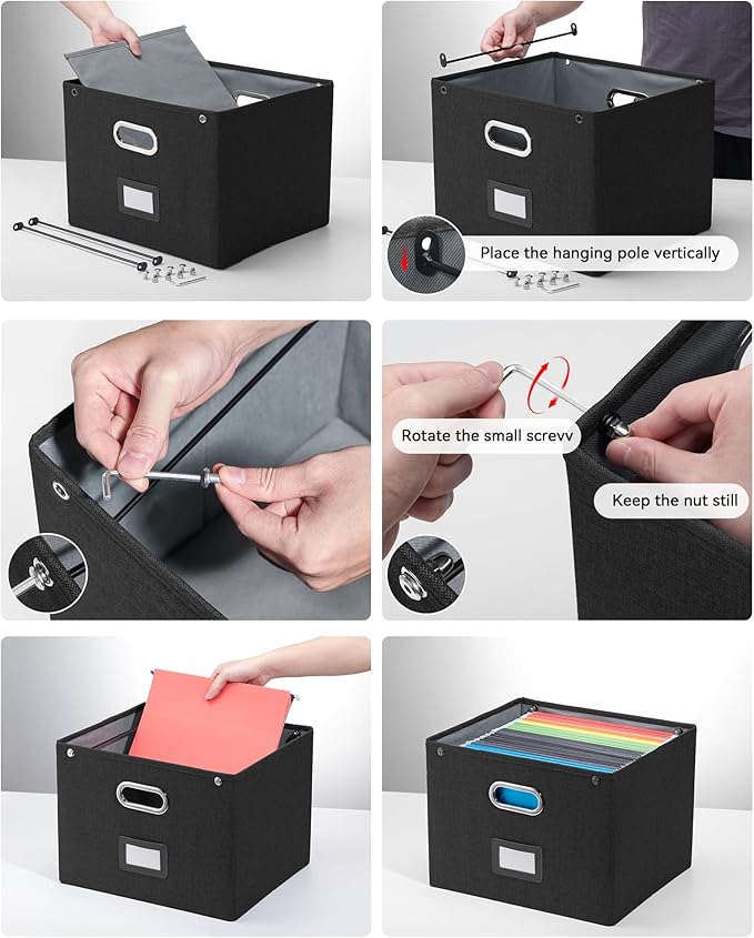 2 Pack File Organizer Box with Lid, Large Hanging Filing Box with Mesh Pocket, Document Organizer for Letter Files, Portable Storage Case for Office&Home (Black)