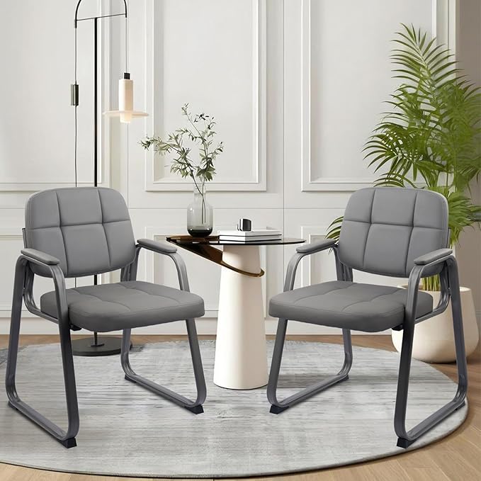 CLATINA Waiting Room Guest Chair with Bonded Leather Padded Arm Rest for Office Reception and Conference Desk Black with Sled Base Grey 2 Pack
