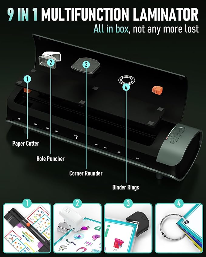 Qfun Laminator Machine 11x17 Cold Thermal Laminator,13 inch Laminating Machine 60s Warm-up with 30 Laminate Sheets,9 in 1 Desktop A3 Lamination Machine with Paper Trimmer for Teacher Home Office