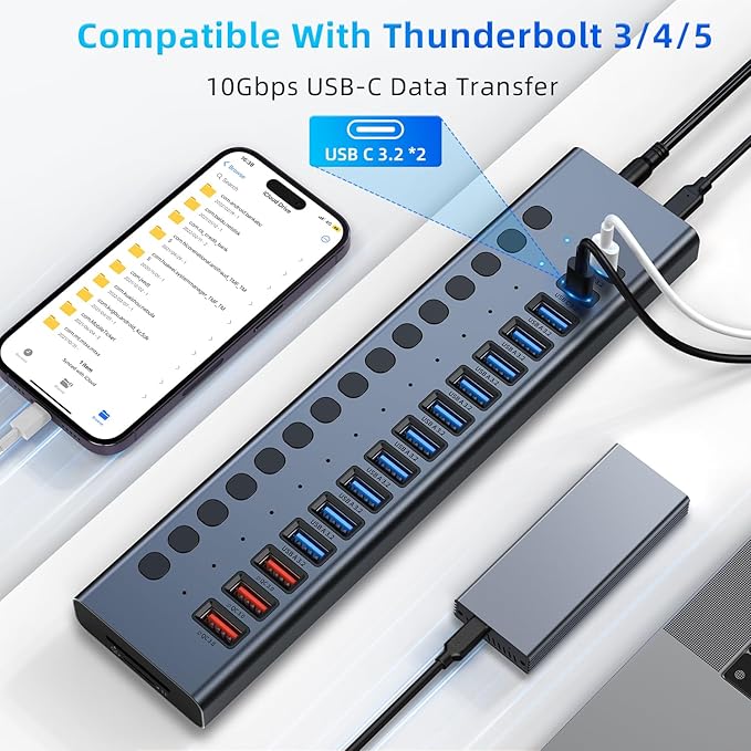 Powered USB Hub 10Gbps, 17 Ports 96W USB 3.2 Hub(10 USB-A 3.2 Ports+3 QC 24W Fast Charging Ports+2 USB-C 3.2 Ports+SD/TF Card Reader), 12V/8A Power Adapter for Laptop, PC, Computer, HDD,Flash Drive