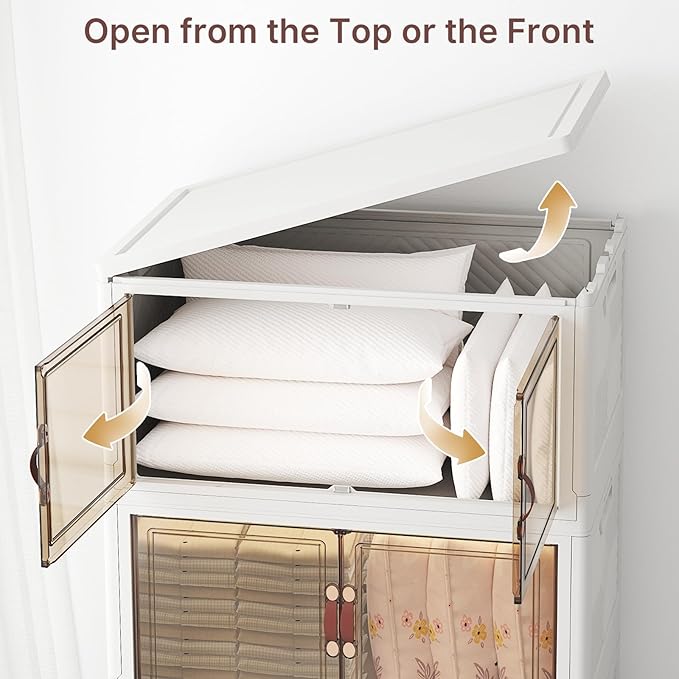 640Qt Stackable Storage Bins with Lids, 4 Pack Large Collapsible Bins with Wheels, Plastic Cabinet with Doors, Foldable Closet Organizers and Storage for Home, Dorm, Office, White