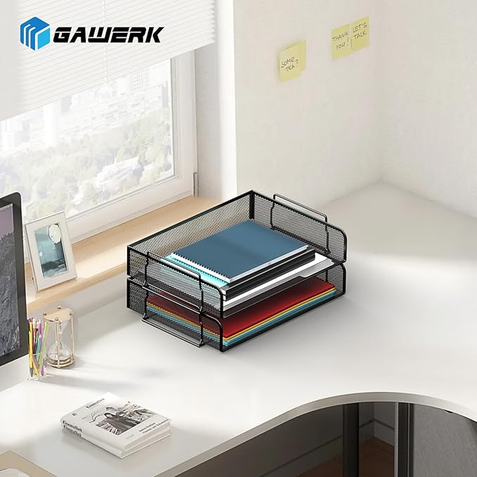 2 Tier Stackable Letter Tray, Metal Mesh File Storage Desktop Organizer for Home Office, Black