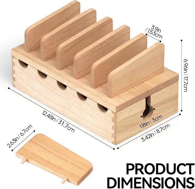 KIRIGEN Wood Charging Station Rack Organizer for Multiple Devices Desktop Organizer with 5 Ports for Cell Phones, Tablets, Earphones Wooden Cable Management DDXH-NA