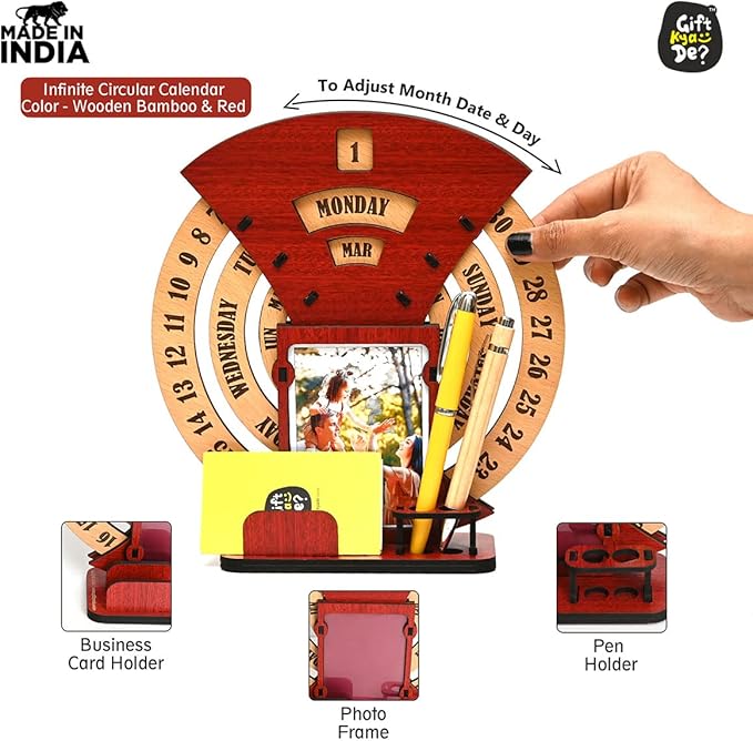 GKD Wooden Desk/Table Calendar to Lifetime Infinite Calendar 2025 with Desk Organizer and Photo Frame for Office/Home (Red)