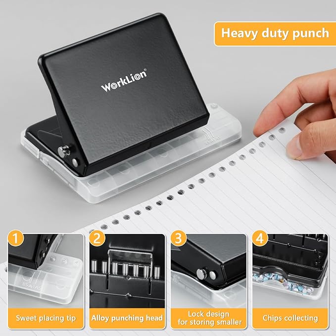 Binding Machine for Planner: WORKLION Metal 10 Hole Punch&Multi Color 30 Hole Loose Leaf Binder Rings(10 pcs) for Making 26 Holes on B5 Paper, 30 Holes on A4, 20 Holes on A5 Book, Black
