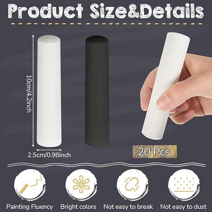 20 Pcs Sidewalk Chalk for Kids Jumbo Black White Washable Non Toxic Chalk for Classroom Outdoor Fun Creativity Art Play Painting on Chalkboard Playground Blackboard Easter Party