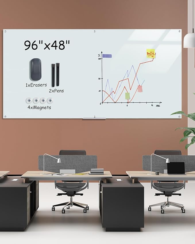 Magnetic Glass Whiteboard,96"x48" Wall Mounted Frameless Dry Erase Board for Office, Home & School White